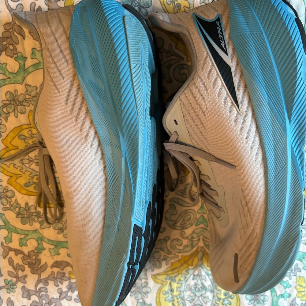 Hoka Tan and Blue Athletic Shoes with Cushioned Rocker Sole